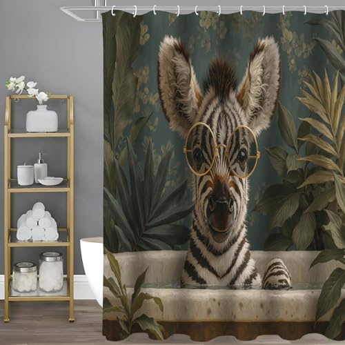 NAWVNMI Shower Curtain Cactus Green Mould Proof Waterproof Cute Zebra Retro Oil Painting Bathroom Curtains with hooks Washable Quick-Drying 180 x 180 cm (71x71 Inch