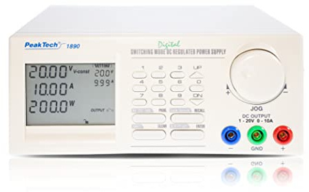 PeakTech, 1890, Fuente de alimentación conmutada CC Progr. 1-20 V/0-10 A CC incl. pantalla LCD de 4 dígitos, transformador con puerto USB y RS-232/485, fuente de alimentación de laboratorio