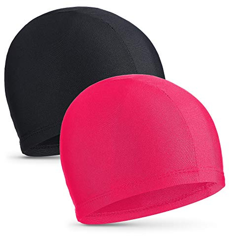 2 Pezzi di Cuffie da Nuoto Elastiche Cappelli da Nuoto in Comodo Tessuto Leggero Cuffia da Bagno per Donna Uomo e Bambini che Nuotano (Nero, Rosa Intensa)