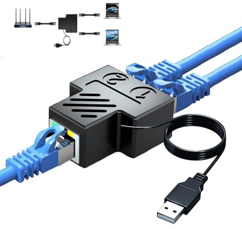 RJ45 Network Splitter Adapter,Wuedozue 1 to 2 Dual Female USB to RJ45 Port with USB Power Cable LAN Interface Ethernet Socket Connector 8P8C Extender Plug Go Online Simultaneously for Cat6, Cat7