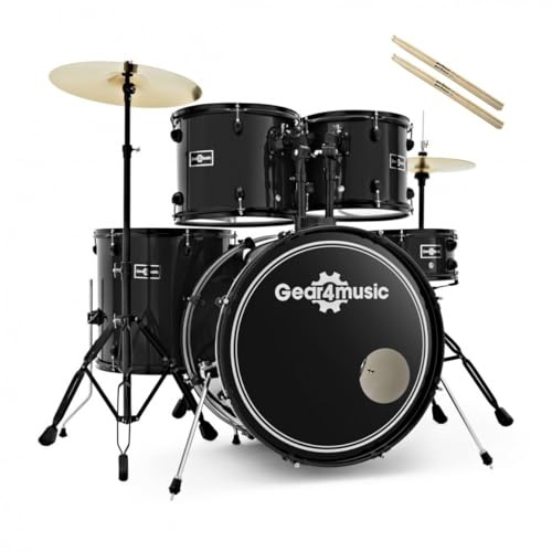 Gear4music BDK-1 Kit de Batería Compacta Completa para Principiantes - Batería Acústica de 5 Piezas, Platillos, Pedal de Bombo, Sillín y Baquetas - Negro