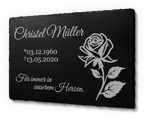 Grabplatte für Menschen mit Gravur - Schöne Grabtafel in 22x14 cm oder 30 x 20 cm - Grabstein aus Schiefer für Grab Urnengrab - Grabschnuck wetterfest Rose