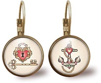 boucles d’oreilles bronze, cabochon en verre, parureancres tatouées, tatouage, tatoo, clé, cadenas, cœur, marin (ref.93).