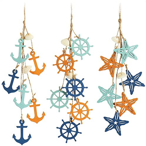 COM-FOUR® 3x Decorazione da appendere marittima - decorazione stella marina, ancora e timone in legno con conchiglie - decorazione stile mare (3 pezzi - 38 cm)
