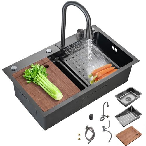 30Inch Kitchen Sink with Faucet Combo Waterfall Black Stainless Steel Waterfall Sink Kitchen Countertop Multi-Functional Sinks Farmhouse Undermount or Countertop Drop in