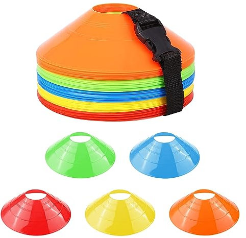 Fousenuk 50 Stück Fussball Hütchen Set, Runde Markierungshütchen Mit Ständer, Sport Hütchen, Markierungsscheiben, Fußball Hütchen für Hockey, Eislaufen, Handball, Koordinationstraining (5 Farben)