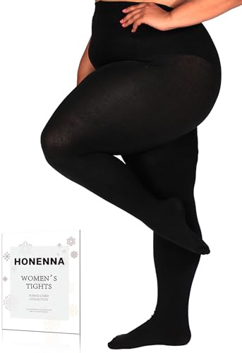 HONENNA Queen Plus Size Fleece Lined Tights, 11+ Colors Thermal Warm Winter Tights for Women, 1 Pair Black 3X-4X