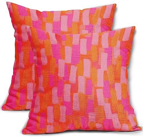 Pink and Orange Throw pillow Covers 16x16 Hot Pink Retro 70s Paint Brush Decorative Pillows Outdoor Modern Abstract Aesthetic Linen Farmhouse Cushion Case Pillowcase for Sofa Bed Room Decor Set of 2