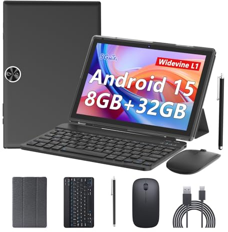 BYANDBY Android 14, 2 in 1 Tablet with Keyboard, 10 inch Tablets, 8GB+64GB/1TB Expand, 2.4G+5G+Wi-Fi 6, Dual Camera, 6000 mAh, BT, GMS, Games, with Case (Black)