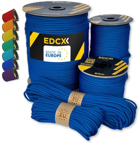 EdcX Paracord 550 Typ III 4 mm – 7 Kern-Strängen, 100% Nylon, reißfest bis 250 kg – 35+ Farben (10/15/30/50/100/300 m) – Survival-Seil, Fallschirmschnur, Zeltleine | Made in EU