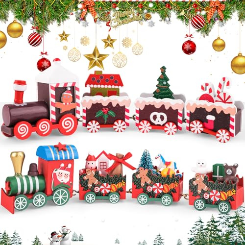 HGRGHH 2 STK Weihnachten Tischdeko, Holz Eisenbahn Weihnachtsbaum, Zug Deko, Weihnachtsdeko Tisch, Geschenke für Xmas Party Neujahr-Bunt