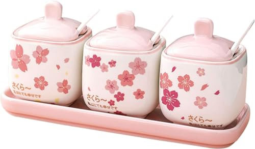 Juego de azucareros de estilo europeo Sakura rosa con cuchara de cerámica, tarros de especias de porcelana con patrón de flores rosas y hojas verdes, juego de 3 piezas