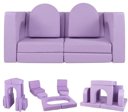 RELAX4LIFE Divano Modulare per Bambini 8 Pezzi, Divano da Gioco Convertibile con Copertura in Tessuto Scamosciato, Blocchi di Costruzione Morbido per Bambini 3+ Anni (VIOLA)