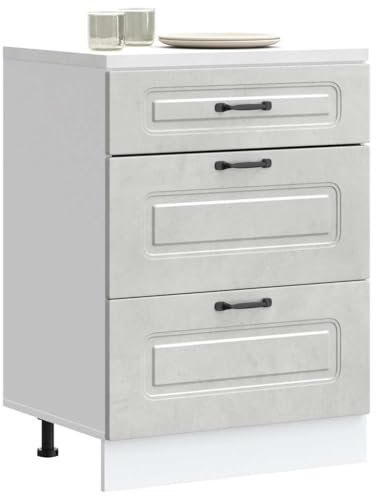 Gecheer Küchenunterschrank, Unterschrank, Küchenzeile, Küchenschrank, Küchenblock, Kalmar Betongrau Holzwerkstoff 60 x 46 x 81,5 cm (B x T x H)