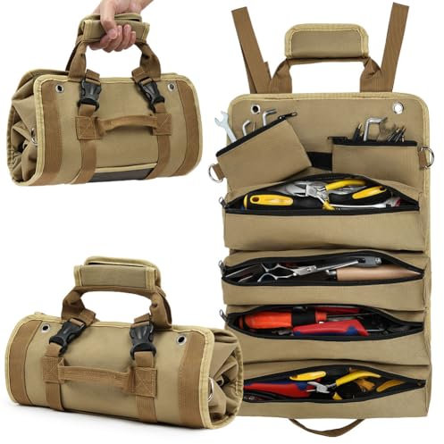 Adiwo Werkzeug Rolltasche, Werkzeugrolle Schraubenschlüssel Rolltasche mit 6 Taschen, 49.5x32cm Canvas Schraubenschlüssel Werkzeugtasche, Autositz Aufbewahrungstasche mit Reißverschlusstaschen(Khaki)
