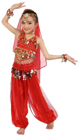 Disfraz de Danza del Vientre para Niña Trajes De Danza del Vientre para Niñas Top Disfraz de Carnaval Trajes de Danza Ropa de Danza India 2 Piezas Top + Pantalón
