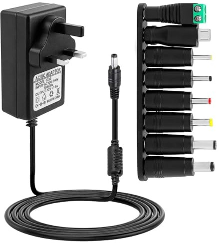 12V 3A Power Supply Cable Adapter UK 36W 3V 4.5V 5V 6V 7.5V 9V 12V 0.5A 1A 2A 3A AC to DC Charger Cord with 8 Replacement Tip for CCTV Camera Alexa Echo Dot Routers LED Strips Dab Radio TV Box