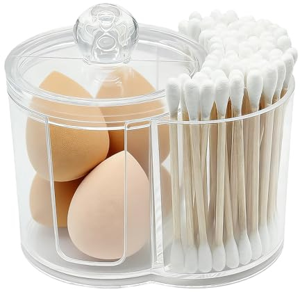 wdsilkbo 2-Compartment Cotton Pad Holder, Clear Cotton Bud Dispenser with Lid, Toothpick Holder for Bathroom Organisation, Transparent Makeup Storage Container for Vanity Accessories