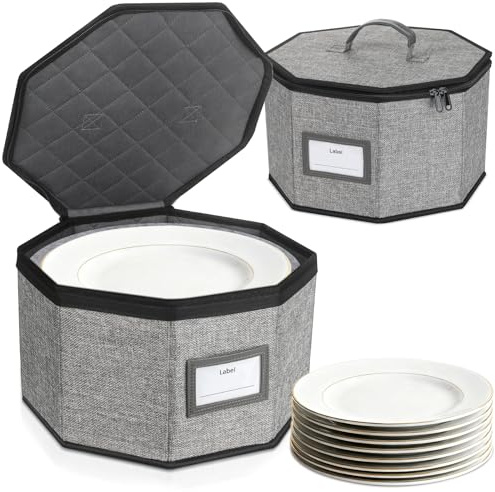 Lukeline 2 Pack China Storage Containers, 12.2”Dish Storage Containers with 24 Felt Plate Dividers, Stackable Hard Shell Cases with Handle for Moving Transport