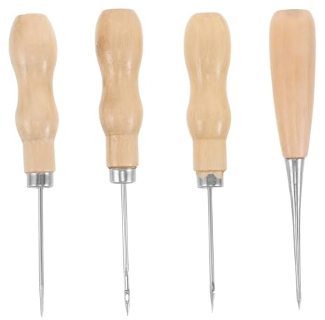 DIYEAH 4 Pezzi Punteruoli in Acciaio con Manico in Legno Forma di Zucca Strumenti per Cucito Pelle e Tessuto Punteruolo Dritto e Curvo per Precisi in Borsa Cintura Rilegatura e Te