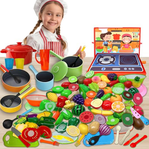 Koolbitz 104 Pcs Kids Pretend Kitchen Complete Cooking Playset Toys with Realistic Vegetables Fruits Pots Cookware Cutting Board & Kitchen Utensils Toy for birthday Christmas Newyear