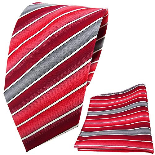 TigerTie Designer Krawatte Einstecktuch in rot verkehrsrot tomatenrot creme grau gestreift
