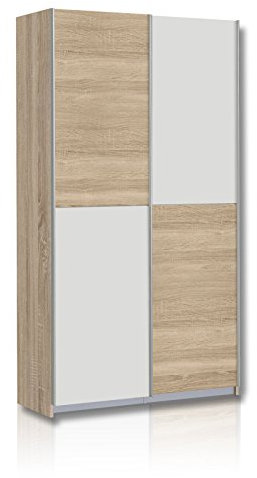 FORTE Ohio 40 Mehrzweckschrank modern, 2-türig mit Einlegeböden, Schwebetürenschrank, Garderobenschrank, Holzwerkstoff, Weiß mit Holz Dekor Sonoma Eiche, 120 cm breit x 42 cm tief x 190,5 cm hoch