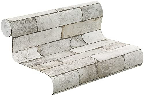 Rasch Tapeten 446302 Vliestapete in Heller Stein-Optik – 10,05m x 53cm (L x B) Vlies Tapete Rasch Kollektion Factory III, Grau, 10,05 x 0,53
