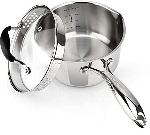 AVACRAFT Stainless Steel Saucepan with Glass Strainer Lid, Two Side Spouts for Easy Pour with Ergonomic Handle, Multipurpose Sauce Pot (5-Ply Capsule Bottom, 2.5 Quart)