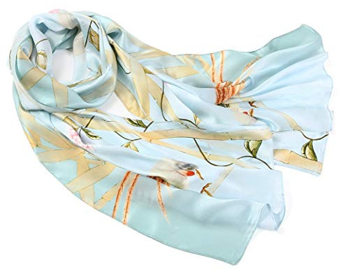 Prettystern 180cm XL Damen-Schal Satin Seide Abendmode Stola Seidenschal -vögel Blumen Pflanzen Hellblau Z01