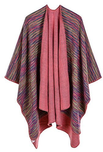UK_Stone Poncho Damen Cape Trachtentuch Umhang Stola Schultertuch Doppelseitig aus Acrylic mit Streifen Muster Geeignet für Herbst und Winter, Rosa