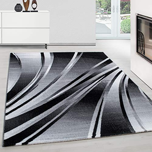 Teppium Moderner Kurzflor Teppich Wohnzimmer 200x300 (200 x 290 cm) Schwarz - Teppich Waschbar, Abstrakt Wellen Design, Pflegeleicht und Weich - Ideal für Schlafzimmer, Esszimer und als Küchenteppich