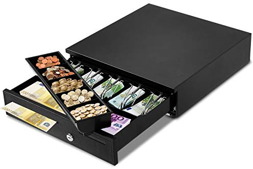 GOPLUS Kassenschublade elektrisch, Kassenlade mit 5 Münzfächern & 5 Scheinfächern, Kasse Geldschublade mit 2 Schlüsseln, elektrische und manuelle Öffnung, Geldlade abschließbar, 40,5 x 42 x 10 cm
