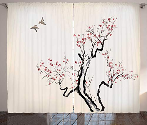 ABAKUHAUS Blumen Rustikaler Gardine, Klassische asiatische, Schlafzimmer Kräuselband Vorhang mit Schlaufen und Haken, 280 x 175 cm, Weiß Grau