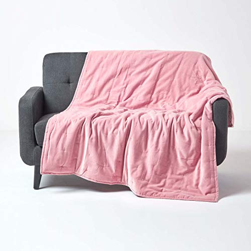 Homescapes Wattierte Samtdecke 125x150 cm, Wohndecke rosa, Tagesdecke Baumwollsamt, Sofadecke gesteppt, Tagesdecke Wendedecke