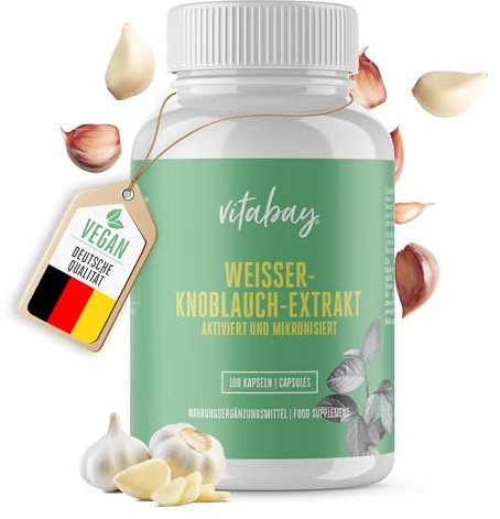Vitabay Weißer-Knoblauch-Extrakt • 100 vegane Kapseln • 2000mg pro Kapsel • Fermentiert, aktiviert und mikronisiert • Bioverfügbar • Geschmacksneutral und geruchsfrei • Made in Germany