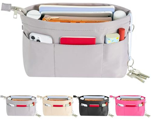 HyFanStr Handtaschen Organizer Nylon, Taschenorganizer Tasche in Tasche Organizer Innentaschen für Handtaschen mit Schlüsselkette,Grau,Klein
