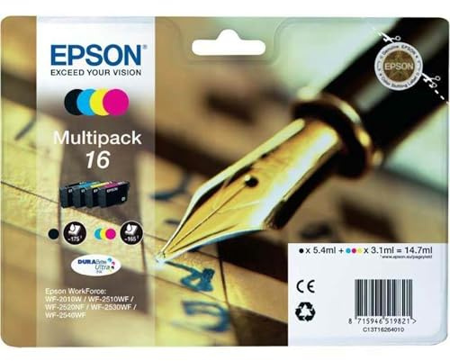 EPSON® Tintenpatrone, 16, C13T16264012, original, 4er sortiert, 5,4/3,1 ml (schwarzweiß/farbig), 175/165 Seiten (schwarzweiß/farbig) (4 Stück), Sie erhalten 1 Packung á 4 Stück