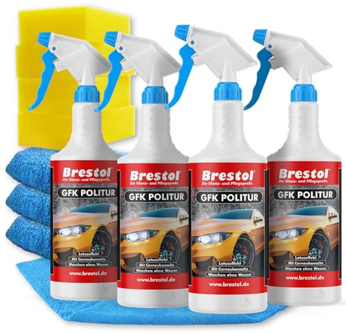 Brestol GFK-POLITUR 4x 750 ml + 4x Poliertuch + 4x Polierschwamm (7554.8) - Waschen ohne Wasser Autolack Schnellreiniger Folienreiniger Carnaubwachs HM10 Ultraclean Schnellpolitur