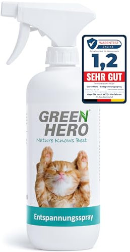 Green Hero Entspannungsspray 500 ml für Katzen enthält beruhigende Duftstoffe wie Baldrian, Lavendel und natürliche Katzenminze für Wohlbefinden und Entspannung