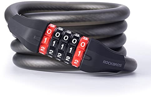ROCKBROS Bike Lock, 180 cm Bicycle Combination Cable Lock with 5-Digits Codes High Security Waterproof Long Lock for Bicycles, Motorcycles, Strollers, Gate Fence and Luggage