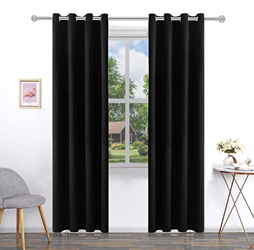 Pickluc Grommet Blackout Curtain for Living Room, Light Blocking Drapes, Thermal Insulated, Noise Reduction, 52 Inches Wide x 84 Inches Long, Black, 2 Panels