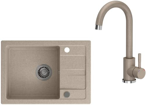 VBChome Spülbecken mit Armatur Beige 62 x 44 cm Granit Einzelbecken Einbauspüle Abtroffläche gesprenkelt reversibel Verbundspüle Küchenarmatur Beige + Siphon