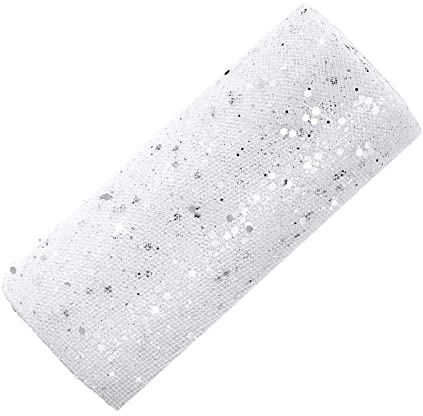 Tüll Stoff Tüll Rolle mit kleine Pailletten Glitzer Dekostoff Tüllband | für Hochzeit Party Bankett Deko Handwerk Hochzeit Tischedeko Geschenk Bogen 25 Yards x 15cm (Weiß)