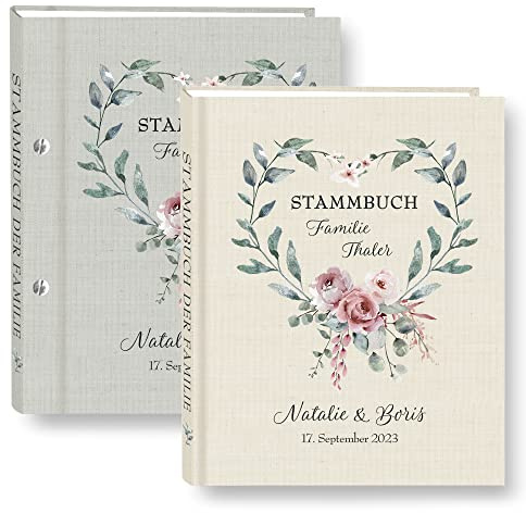 Stammbuch der Familie personalisiert Dusty grau o. beige A4 ca. 24 x 31 cm Familienstammbuch Blüten Ranke grün Stammbücher Handarbeit