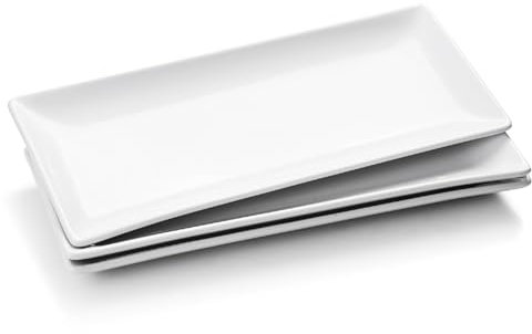 WishDeco Set di 3 grandi piatti rettangolari in porcellana (36x15 cm), piatti da portata in ceramica bianca per cena a buffet con pasta di mare, lavabili in lavastoviglie, forno a microonde.