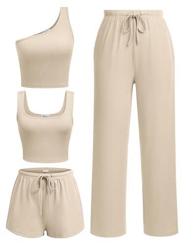 Ekouaer Womens 4 Piece Lounge Sets Ribbed Knit Crop Tank Top and Shorts Pants Casual Outfits