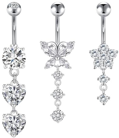 Crdifu 3pz Barra ombelicale 10mm Argento 14G Anello ombelicale Acciaio chirurgico Farfalla Cuore Fiore con ciondolo Piercing pancia Gioielli
