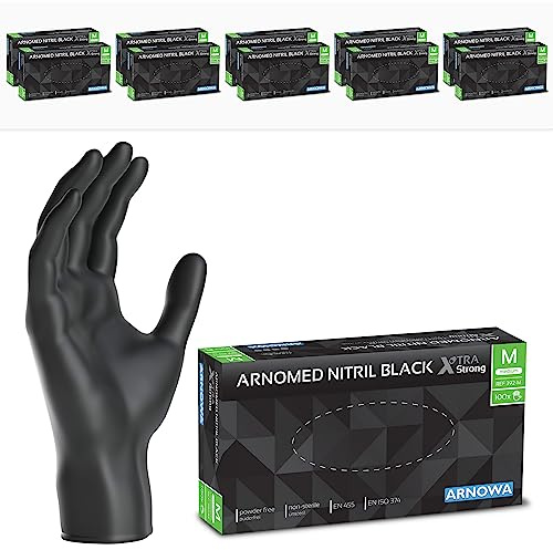 ARNOMED Guantes nitrilo extra fuerte talla M, guantes de nitrilo 50% más gruesos, negro,1000 uds/caja, sin polvo, sin látex, guantes nitrilo talla S, M, L y XL, guantes nitrilo desechables