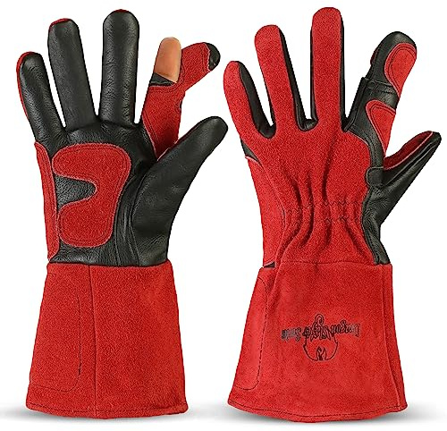 Strongarm MIG/TIG Welding Gloves, Removable Finger Tip for Touchscreen, Cowhide Leather, Reinforced Palm/Thumb/Index, Kevlar Stitching, Side Rest Patch, 14 Gauntlet Cuff (1 Pair)